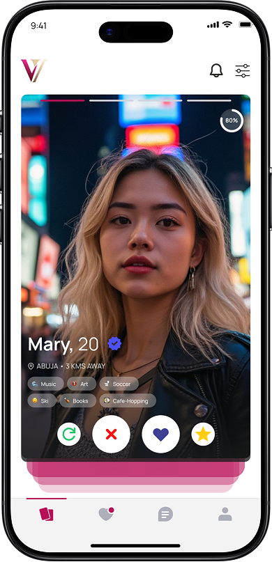 Velvet Dating swipe interface on iPhone